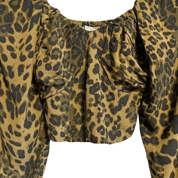 Mango MNG Leopard Animal Print Ruched Sleeve Smocked Back Top NWT Size 4 - Picture 3 of 9